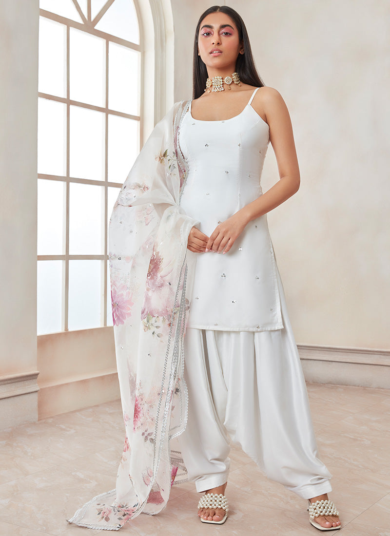 White Floral Printed Satin Punjabi Suit