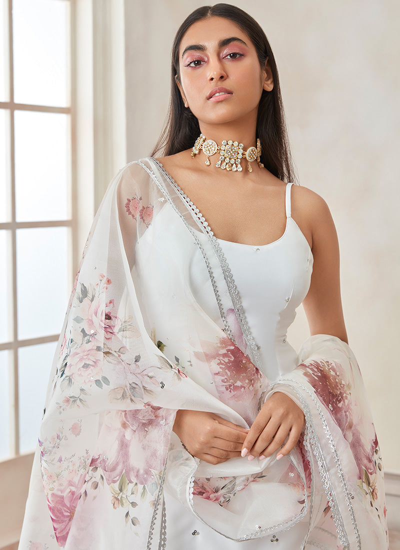 White Floral Printed Satin Punjabi Suit