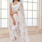 White and Pink Floral Tabby Silk Saree