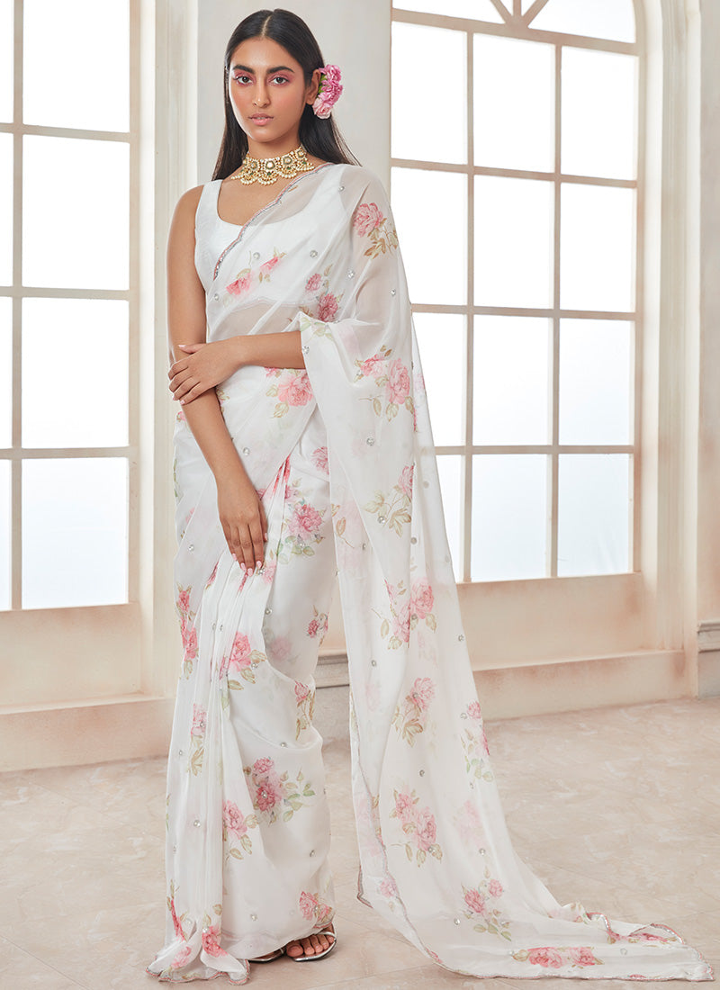 White and Pink Floral Tabby Silk Saree