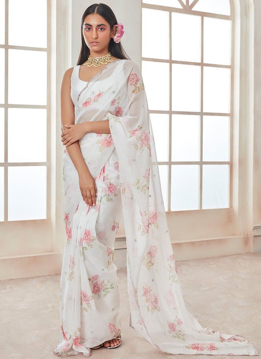 White and Pink Floral Tabby Silk Saree