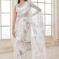 White and Pink Floral Tabby Silk Saree