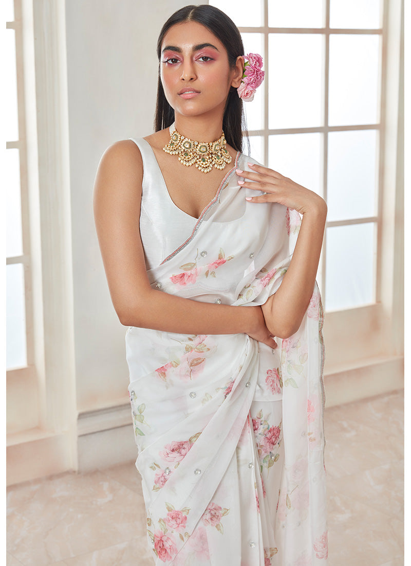 White and Pink Floral Tabby Silk Saree