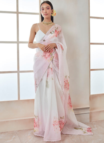 White and Pink Floral Organza Saree