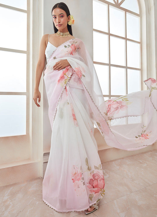 White and Pink Floral Organza Saree