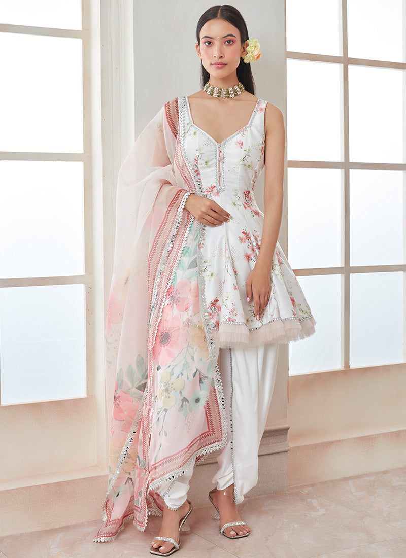 White Floral Printed Peplum Punjabi Suit
