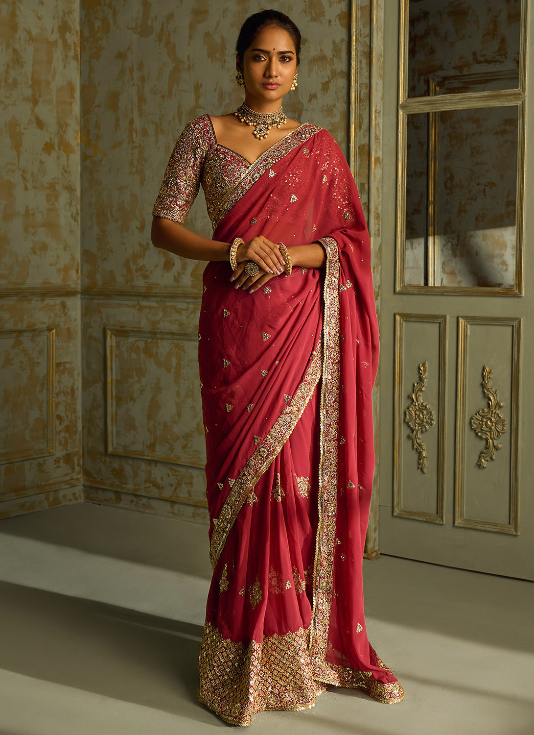Red and Gold Embroidered Saree