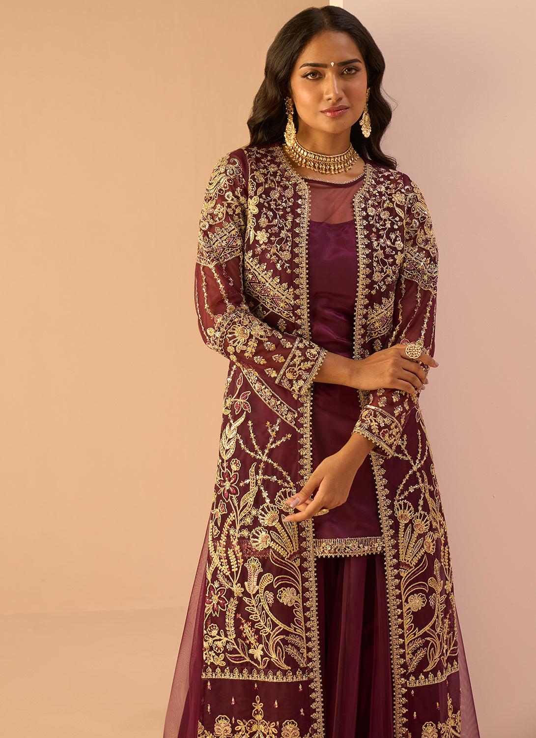 Wine Embroidered Sharara Suit