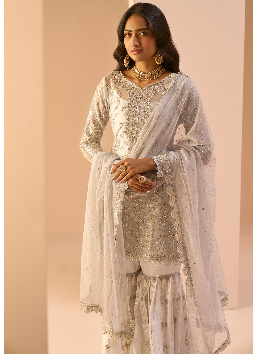 Dusty Blue and White Embroidered Gharara Suit