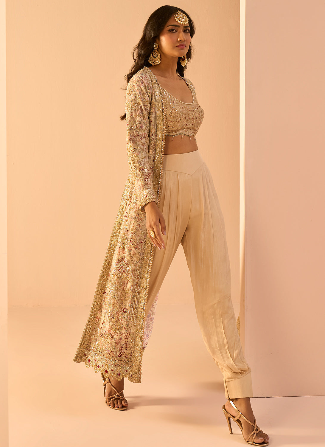 Golden Beige Embroidered Crop Jacket Set