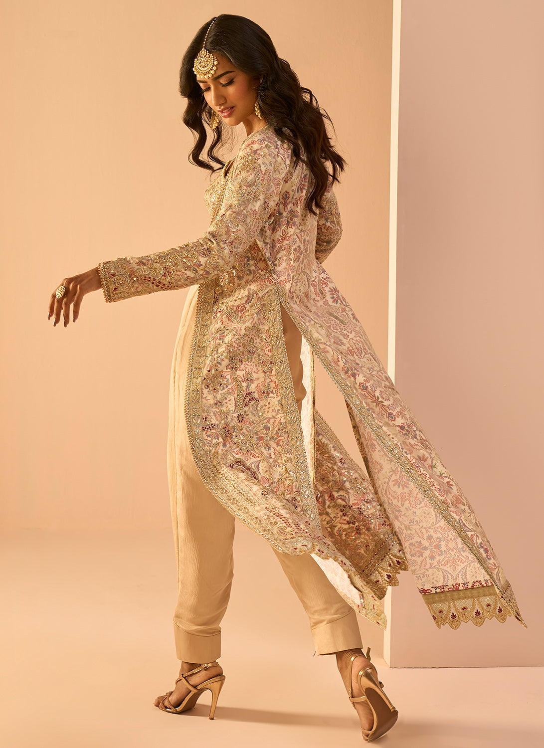 Golden Beige Embroidered Crop Jacket Set