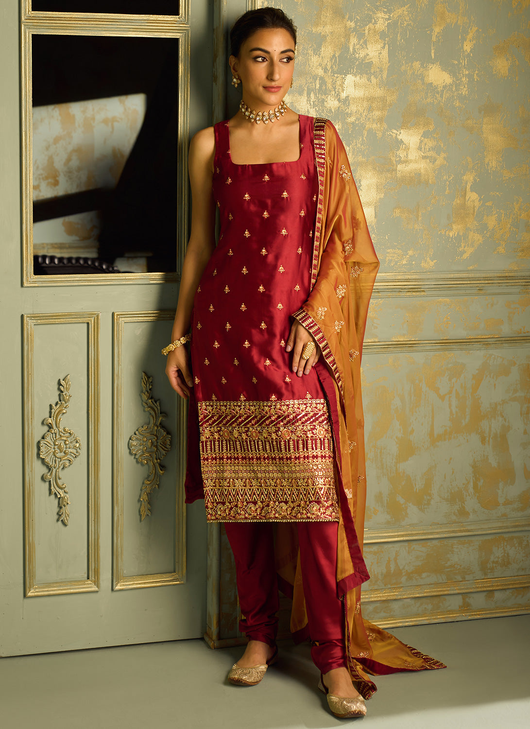 Red Embroidered Straight Suit