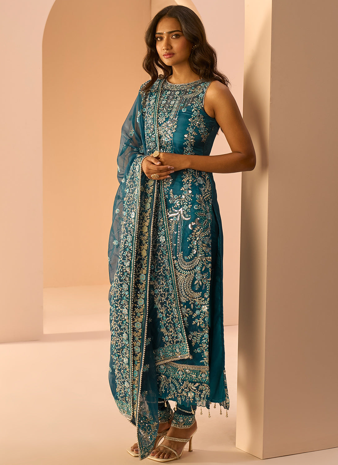 Blue Embroidered Straight Suit