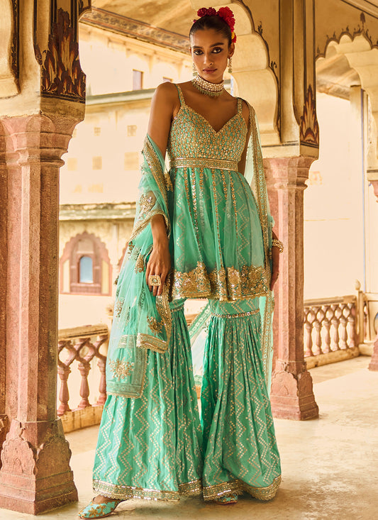 Mint Green Embroidered Peplum Style Gharara