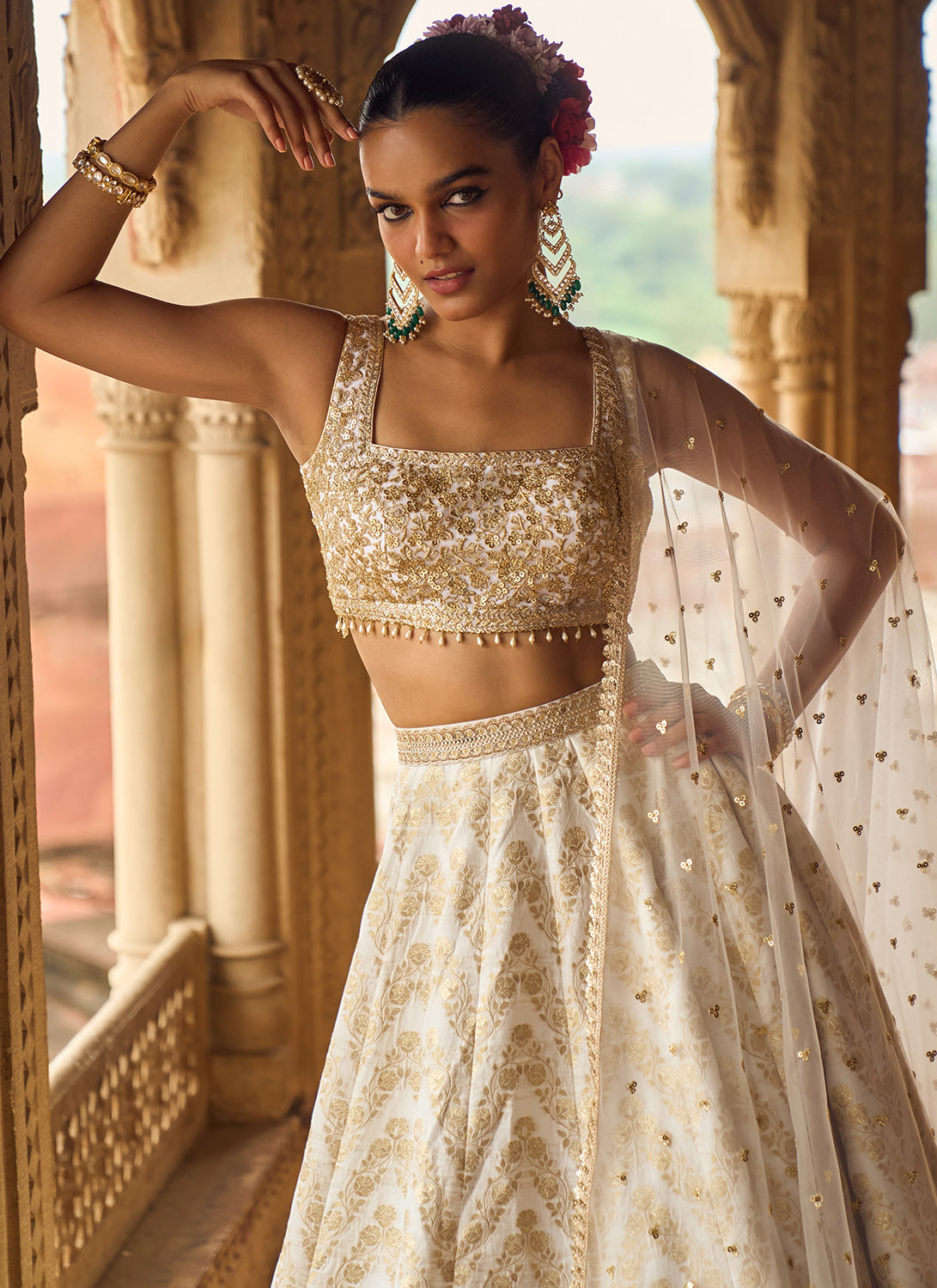 White Embroidered Brocade Lehenga