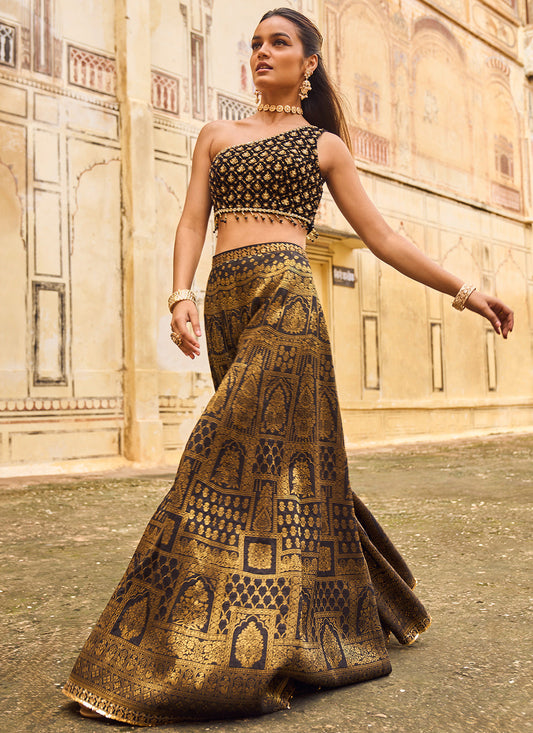 Black and Gold Embroidered Pant Set