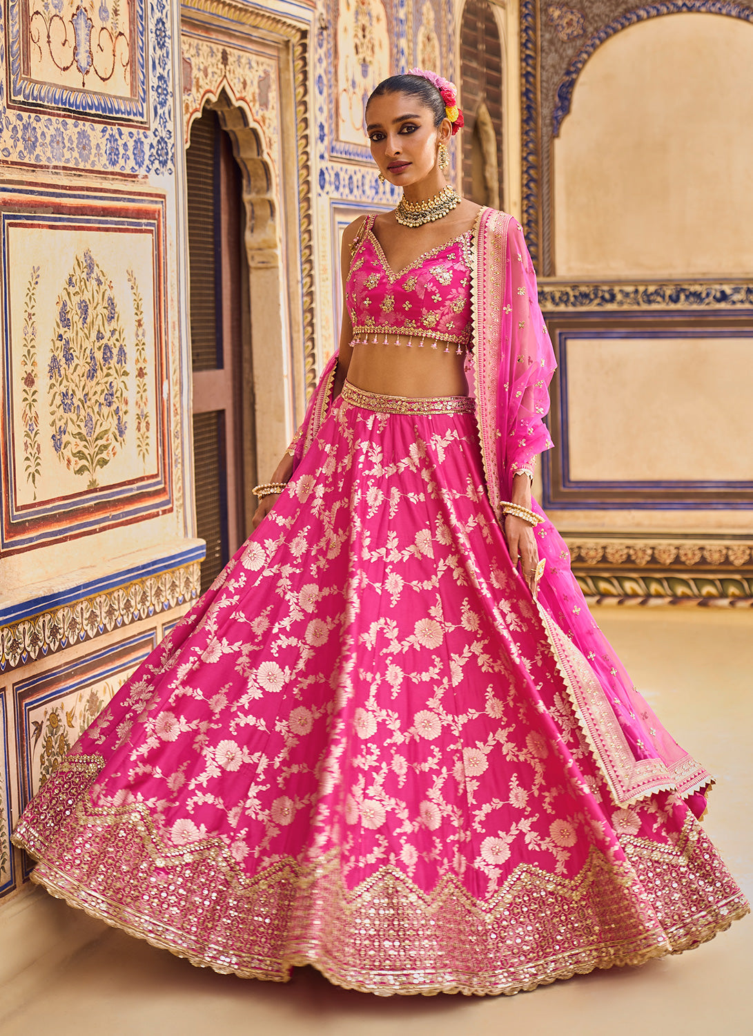 Pink Embroidered Brocade Lehenga