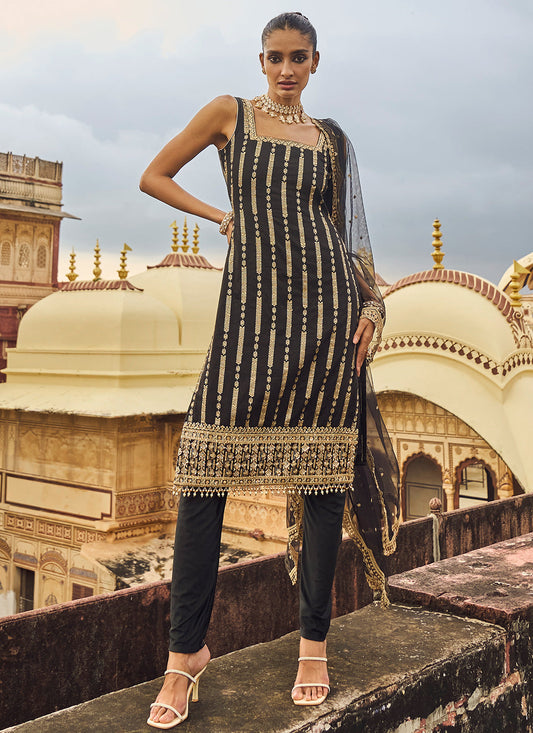 Black and Gold Hand Embroidered Straight Suit