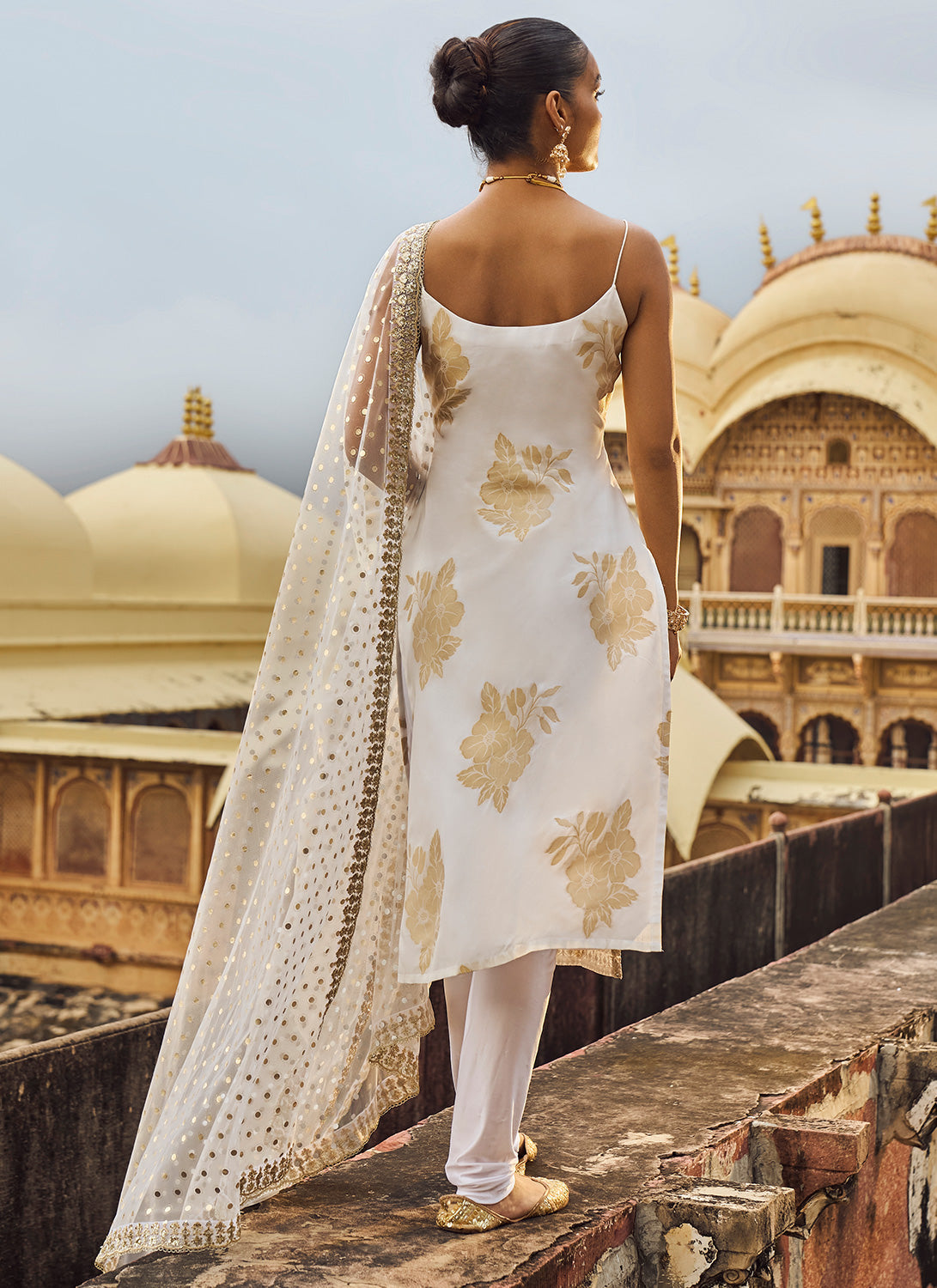 White and Gold Hand Embroidered Straight Suit