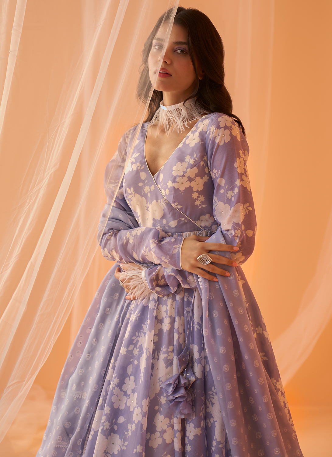 Dusty Periwinkle White Floral Printed Anarkali