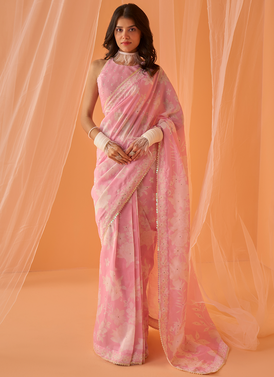 Light Pink White Floral Printed Saree