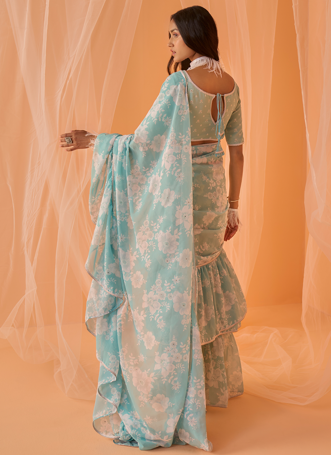 Mint Blue White Floral Printed Saree