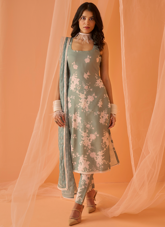 Dusty Green White Floral Printed Straight Suit
