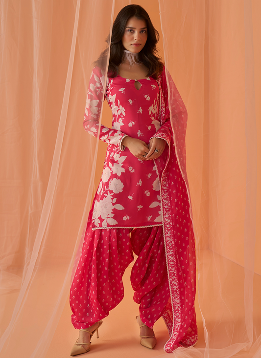 Hot Pink White Floral Printed Straight Suit
