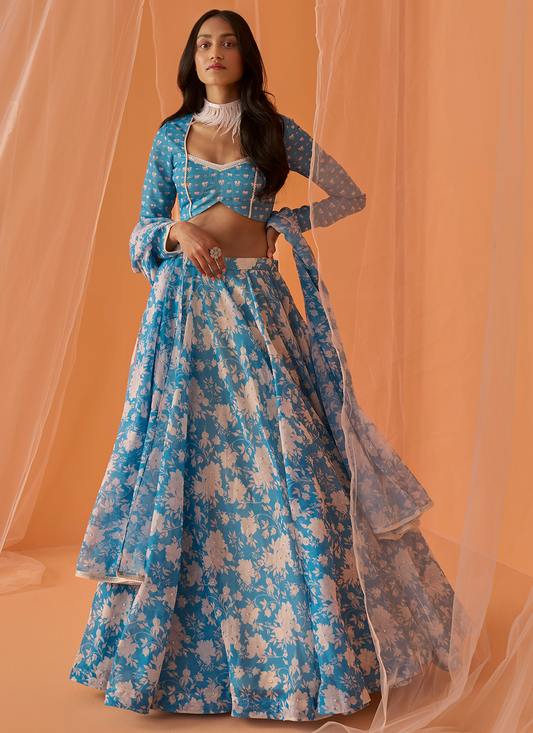 Sky Blue White Floral Printed Lehenga