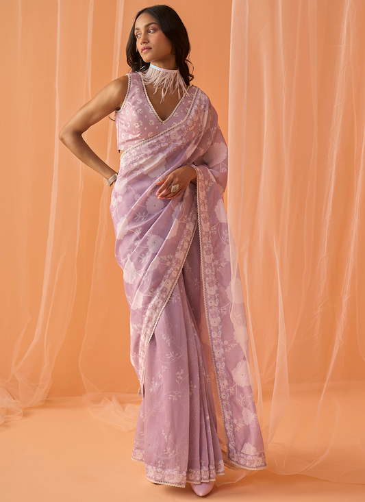 Dusty Lilac White Floral Printed Saree