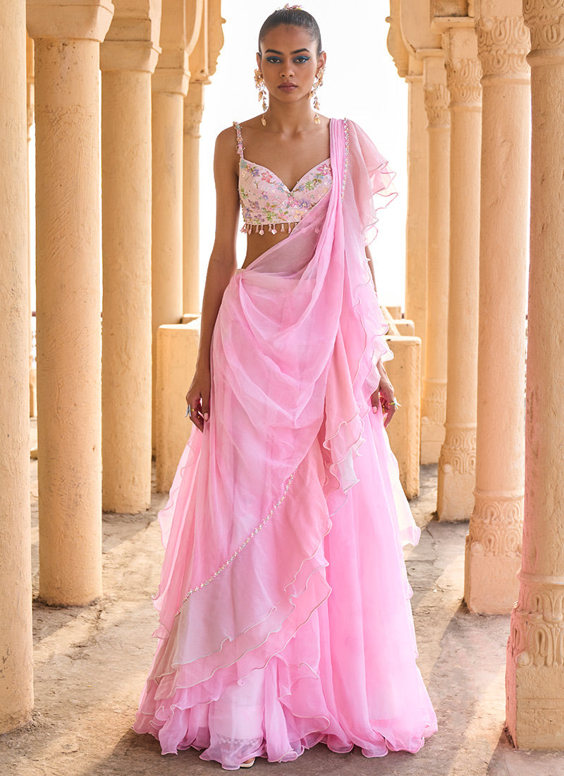 Ombre Pink Ruffled Chiffon Saree