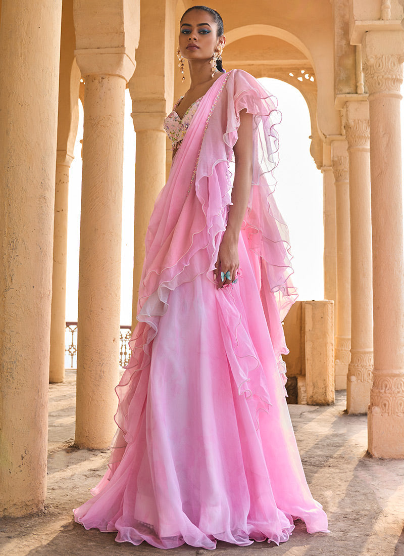 Ombre Pink Ruffled Chiffon Saree