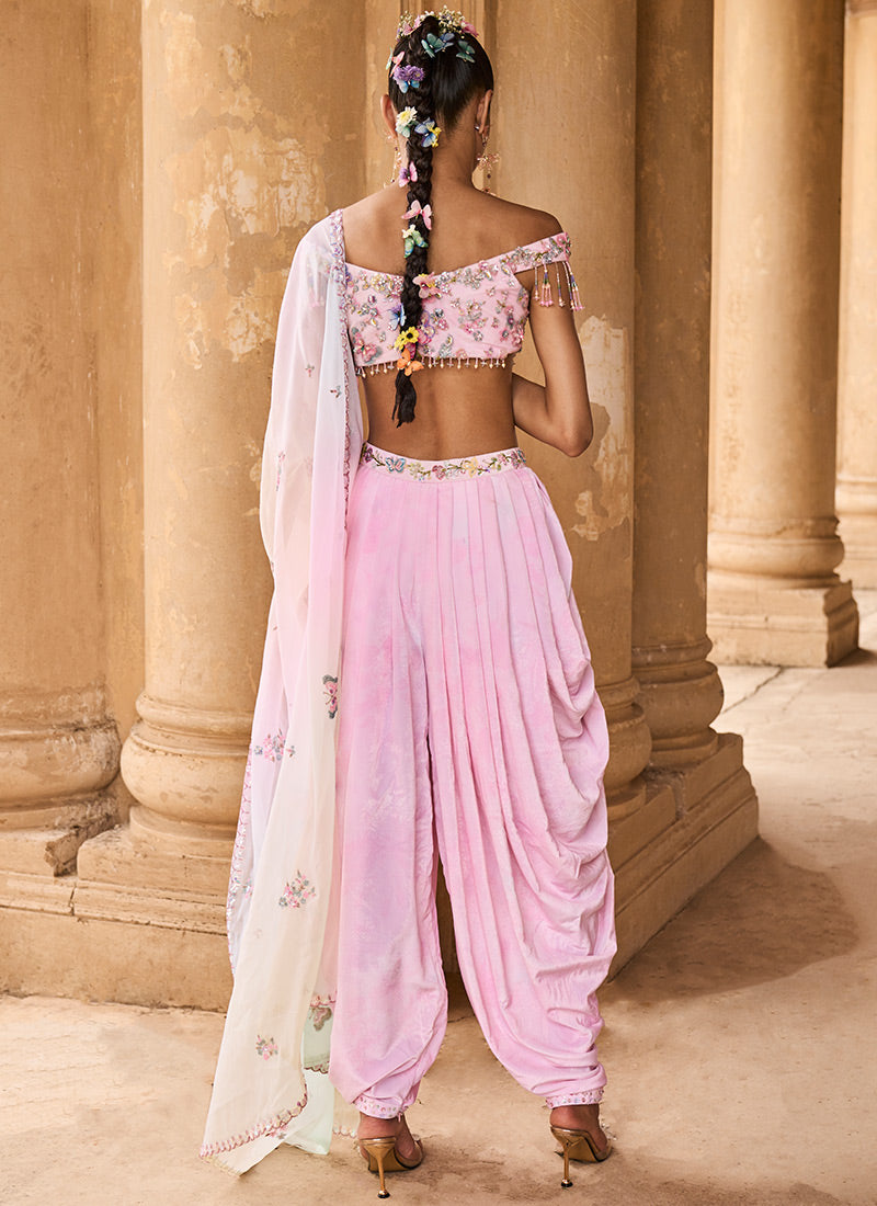 Soft Pink Off Shoulder Dhoti Style Suit