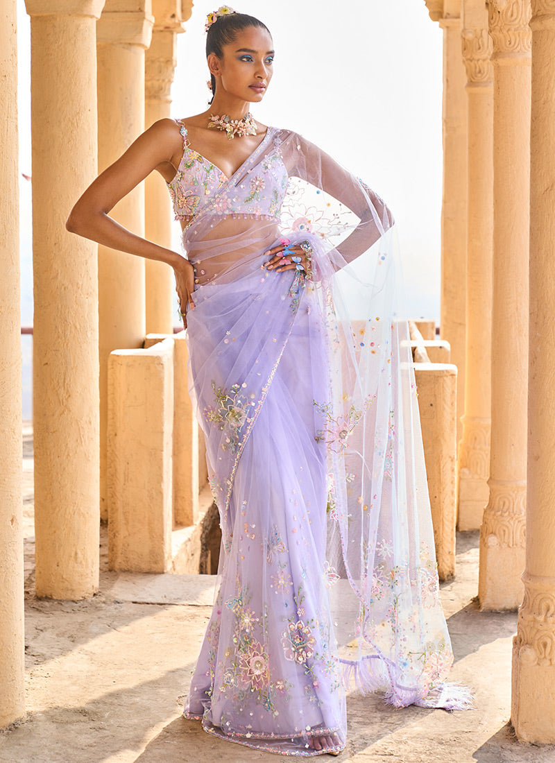 Periwinkle Embellished Net Saree