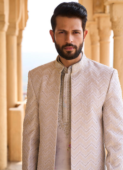 Light Grey Hand Embroidered Velvet Jodhpuri Set