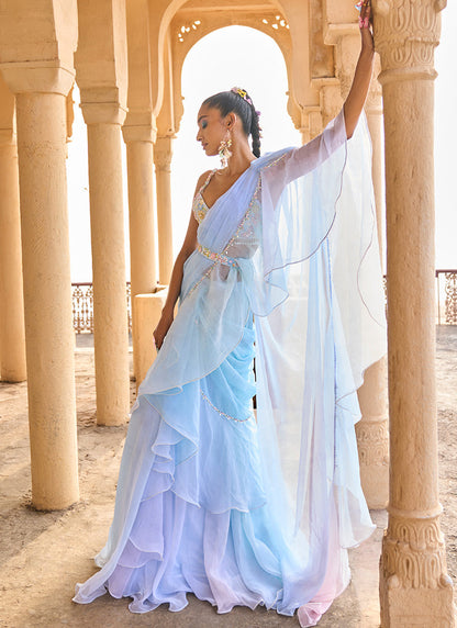 Ombre Blue Ruffled Chiffon Saree