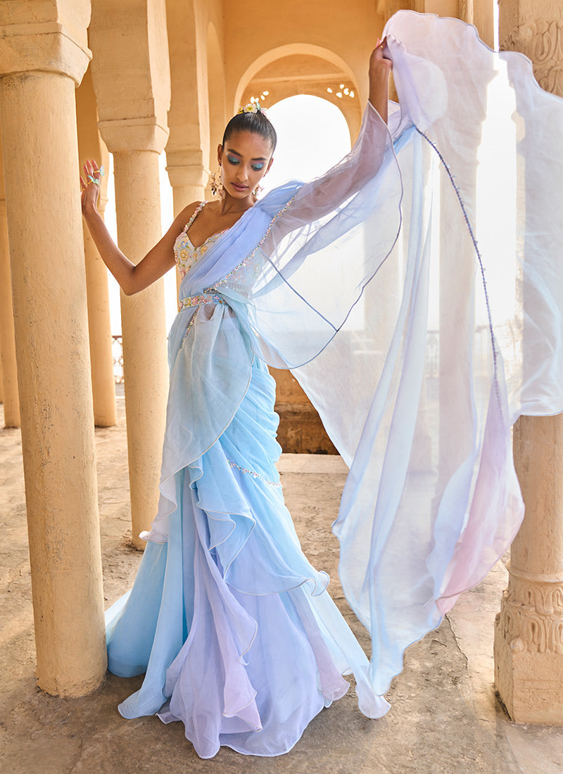 Ombre Blue Ruffled Chiffon Saree