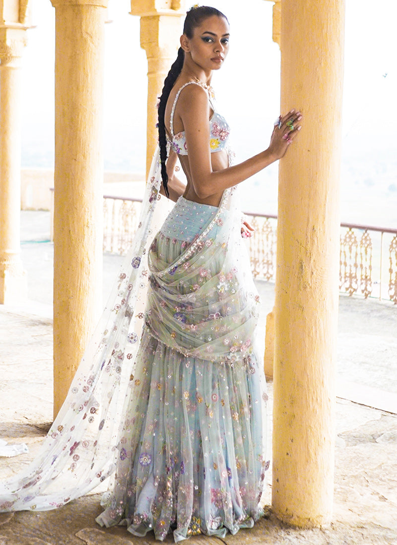 Dusty Blue Heavy Embellished Net Saree